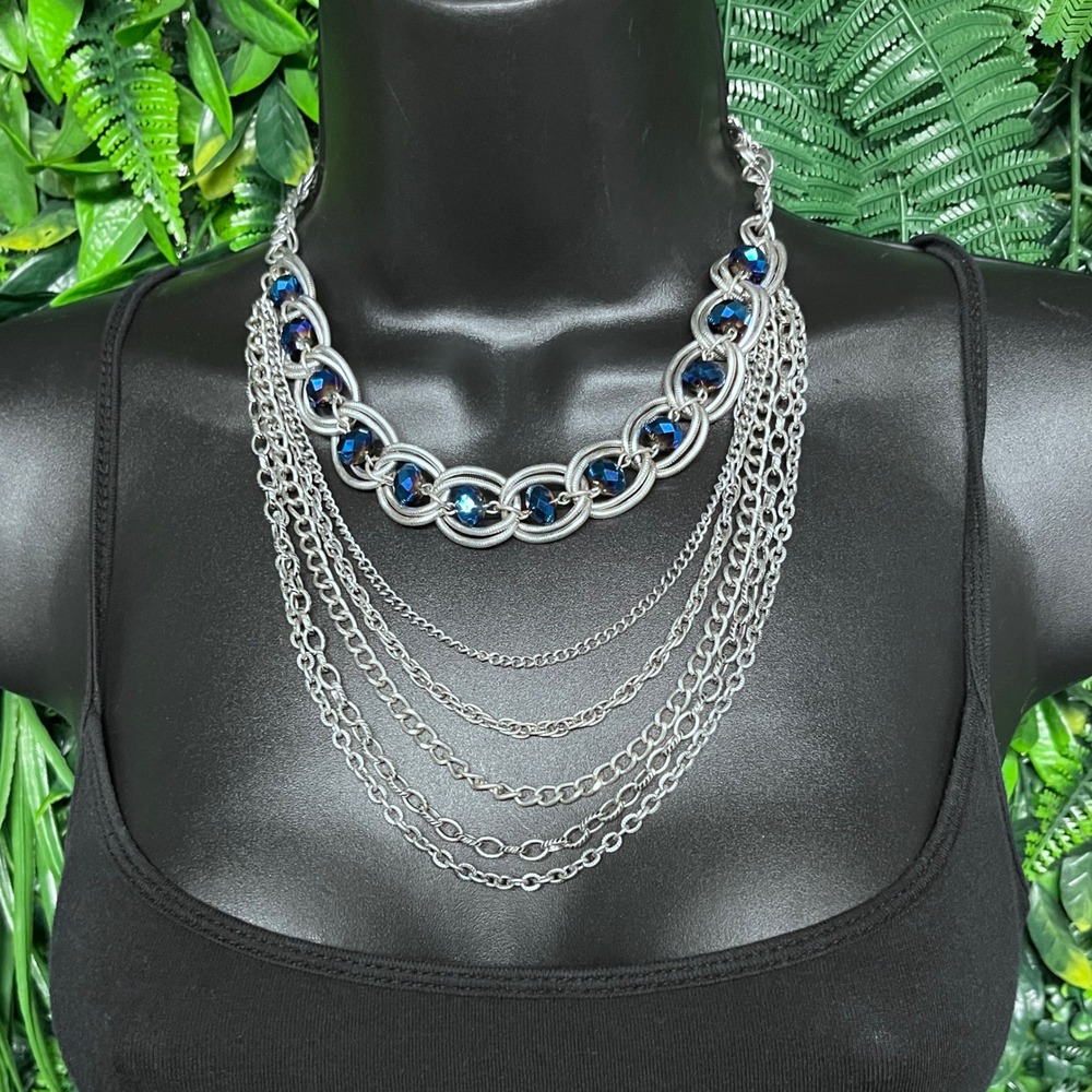 Multi Strand Bib Necklace Silver Sapphire Blue Crystal Layered Chain 3817